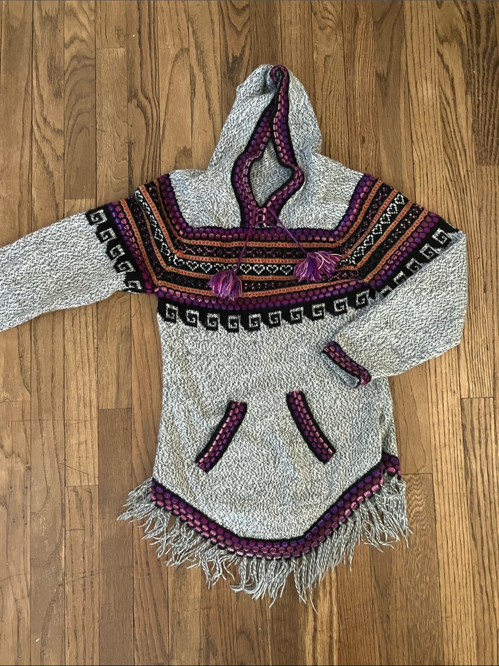 Cream Hooded Boho Fringe Sweater with Purple Accent